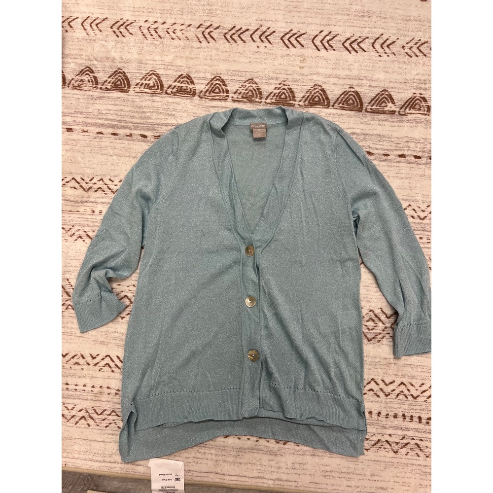 Chicos Light‎ Blue Metallic Knit Cardigan Sweater Size 0